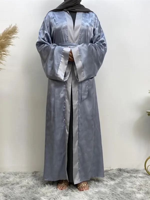 Women's Leaf Pattern Belted Satin Abaya, Modest Casual Long Sleeve Open Front Abaya for Daily Wear, Women's Islamic Clothing for Spring & Fall 5