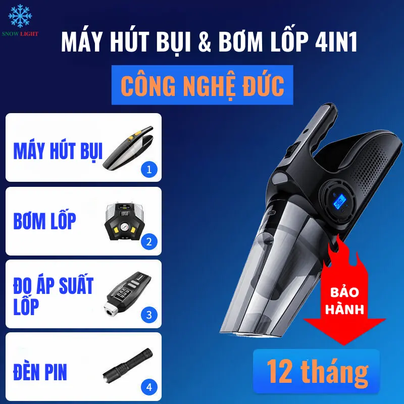 Máy hút bụi cầm tay, máy hút bụi ô tô đa năng 4 trong 1 hút bụi, bơm lốp, đo áp suất lốp, đèn pin. Bảo hành 1 năm Làm Sạch