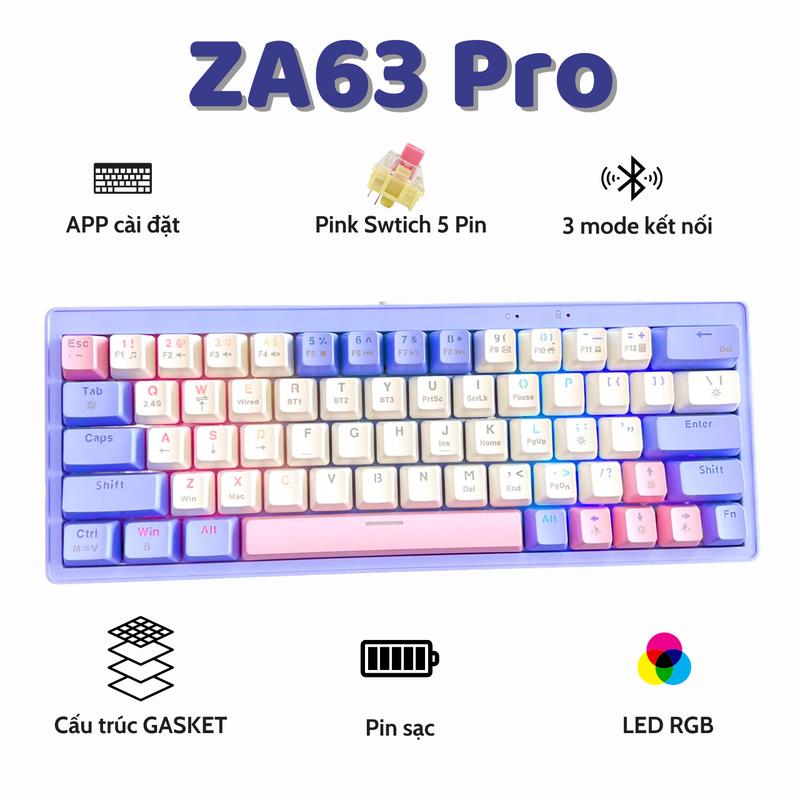 Bàn Phím Cơ Không Dây Bluetooth ZA63 Pro - Trục cơ Linear Hotswap 5 Pin - Pin sạc - LEG RGB cả phím và body ban  phim