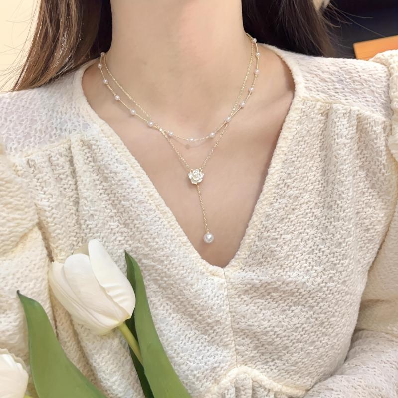 French Retro Elegant Design Camellia Fake Pearl Pendant - Classic Double Layer Necklace for Women'S Clavicle Chain Autumn/ Winter Fashion 4