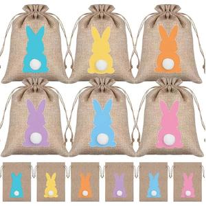 Easter Rabbit Design Gift Bag, 18pcs/set Creative Easter Themed Linen Bag with Drawstring, Gift Wrapping Supplies for Birthday Party