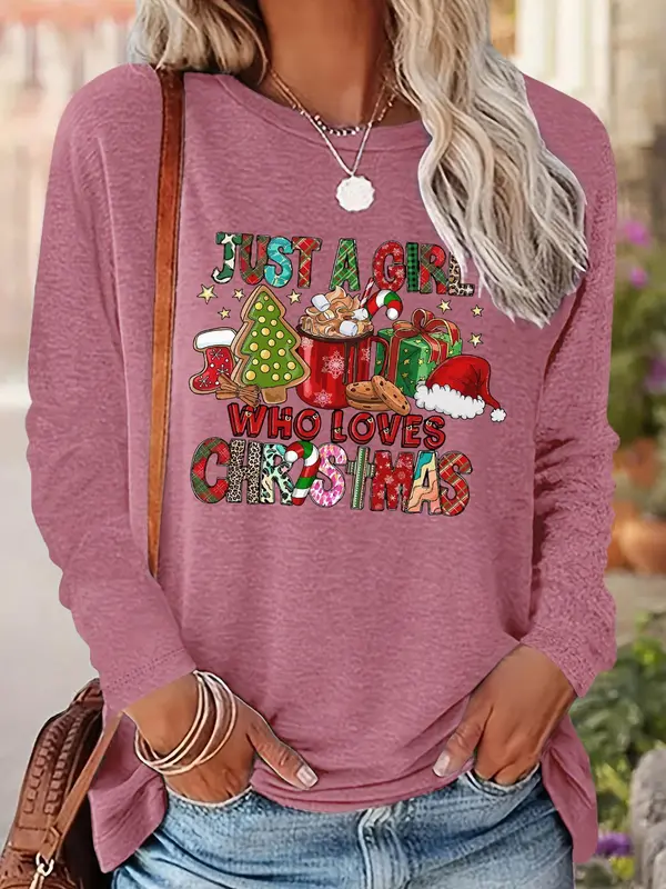 Women's Christmas Themed T-shirt, Casual Letter Print Long Sleeve Round Neck Tee for Daily Wear, Ladies Fall & Winter Clothes 7