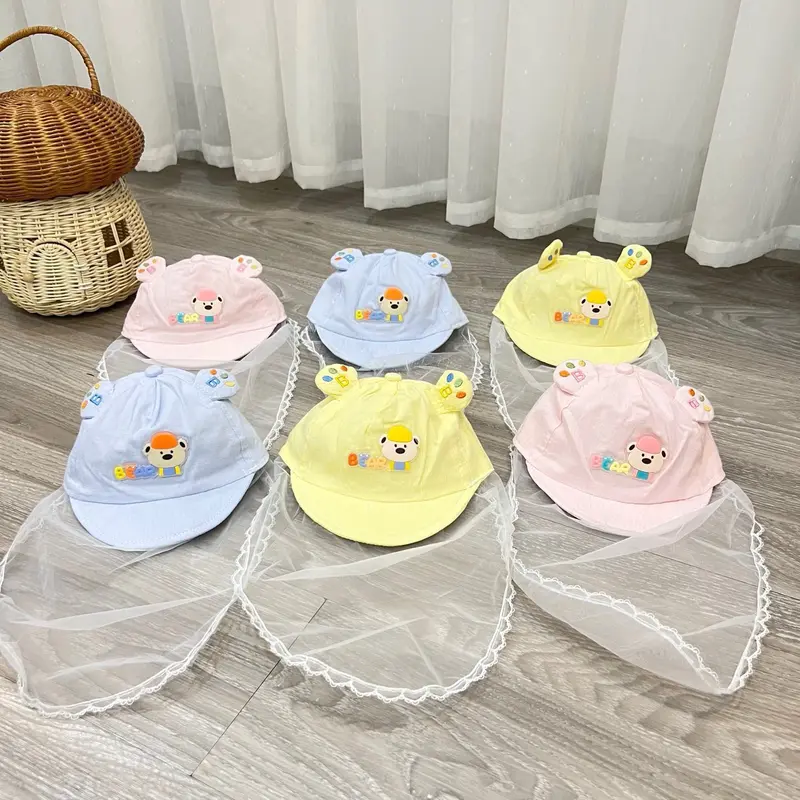 Mũ cho bé sơ sinh có khăn voan che mặt, mũ chống bụi đi tiêm an toàn cho bé sơ sinh 4