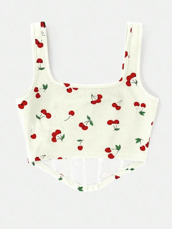 Women's Cherry Print Crop Tank Top, Cute Casual Sleeveless Crop Top for Summer, Fashion Women's Top for Daily Wear 2