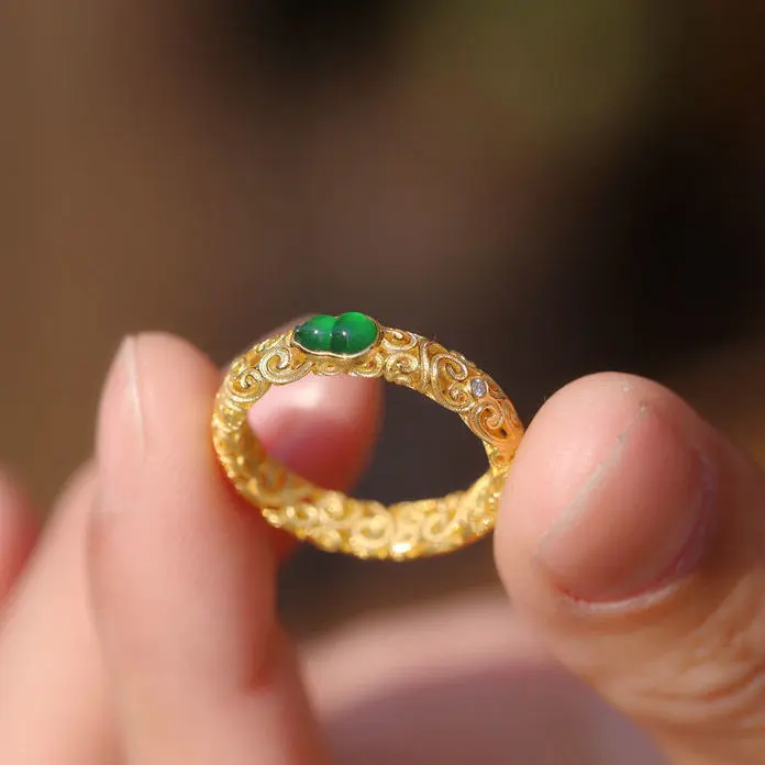 New Chinese Palace Style Hetian Chalcedony Ancient Heritage Sterling Silver Plated 18K Gold Bag Silver Ring Female Ring Does Not Fade