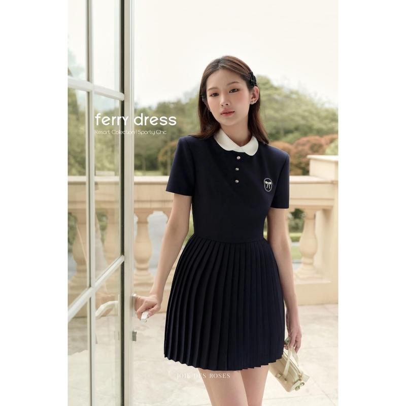 (Có BigSize) Đầm Váy Xanh Đen Cổ Trắng Thêu Nơ Ngực Tùng Dập Li UnihomeClothing CQ156