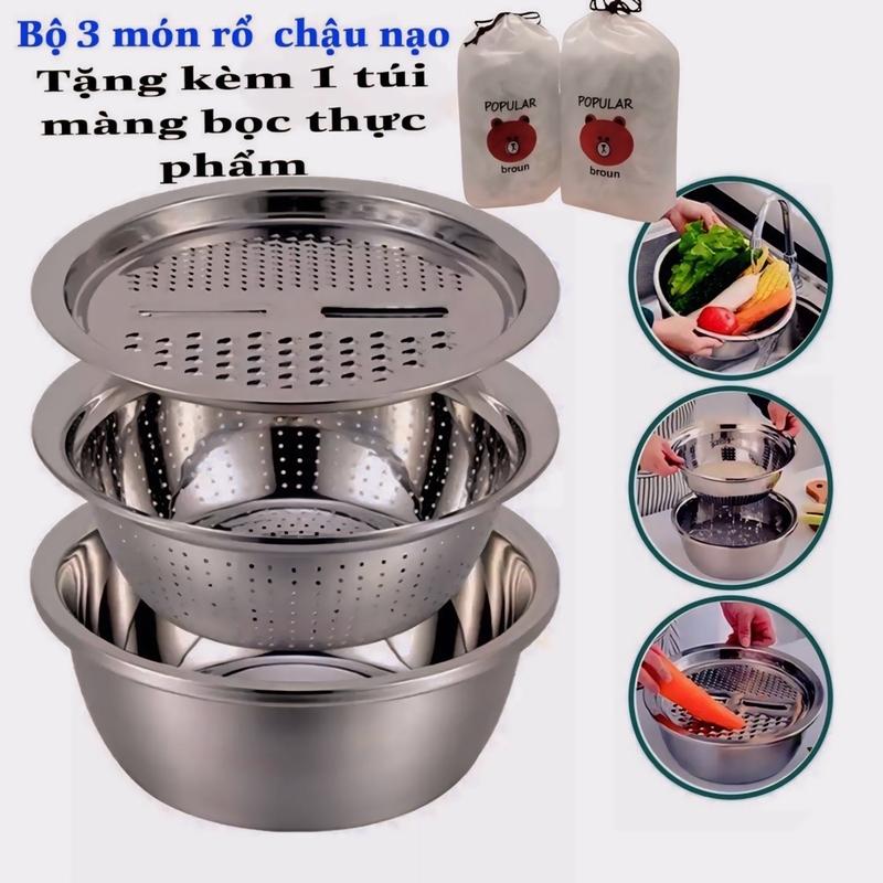 Bộ rổ và chậu inox kèm mâm nạo và gọt vỏ rau, củ, quả 3 trong 1 đa năng, tiện dụng, tiết kiệm tặng kèm 1 túi màng bọc thực phẩm