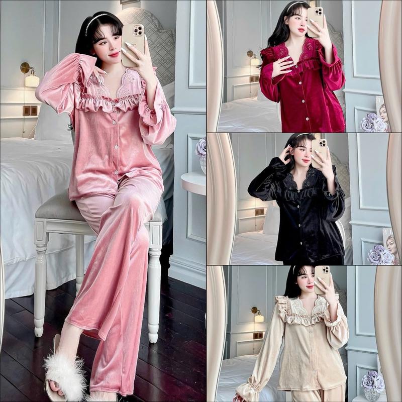  Bộ Ngủ Tiểu Thư Vải Nhung Qc Phối Cổ Áo Bèo Ren Thêu có 4 màu lựa chọn đen-đỏ-hồng-xanh  quần có túi free size 40-63kg Women 