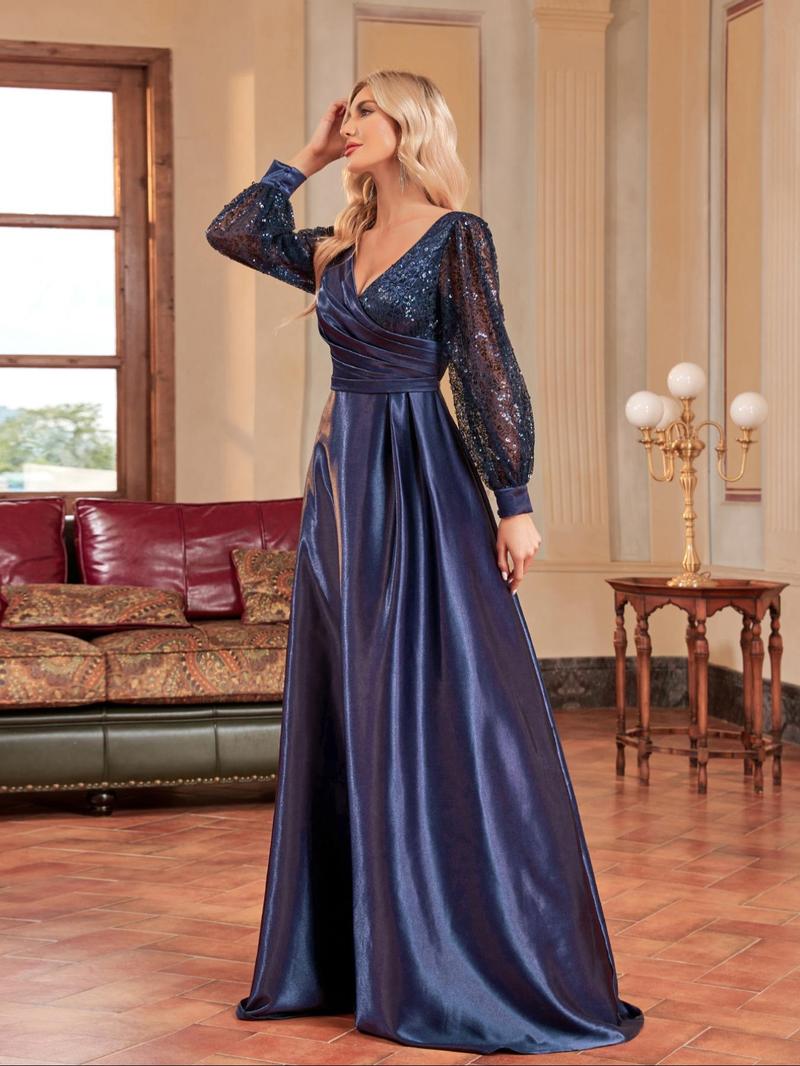 Product Introduction of Women's Glitter Sequin Contrast Mesh Wrap V Neck A Line Evening Dress, Elegant Bishop Sleeve Maxi Evening Party Gown, Ladies Spring & Fall Clothes 5