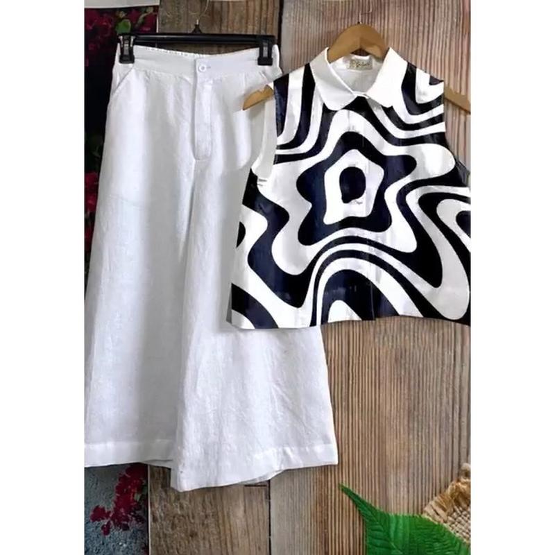 Set Bộ Sát Nách Nữ Thiết Kế, Cổ Áo Sơ Mi Quần Ống Rộng, Chất Đũi, Mã M64