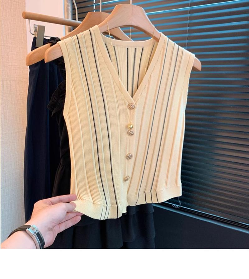 Product Introduction of Vintage V-neck sleeveless knitted cardigan women's summer thin vest vest simple fashion single-breasted versatile on clothes 4