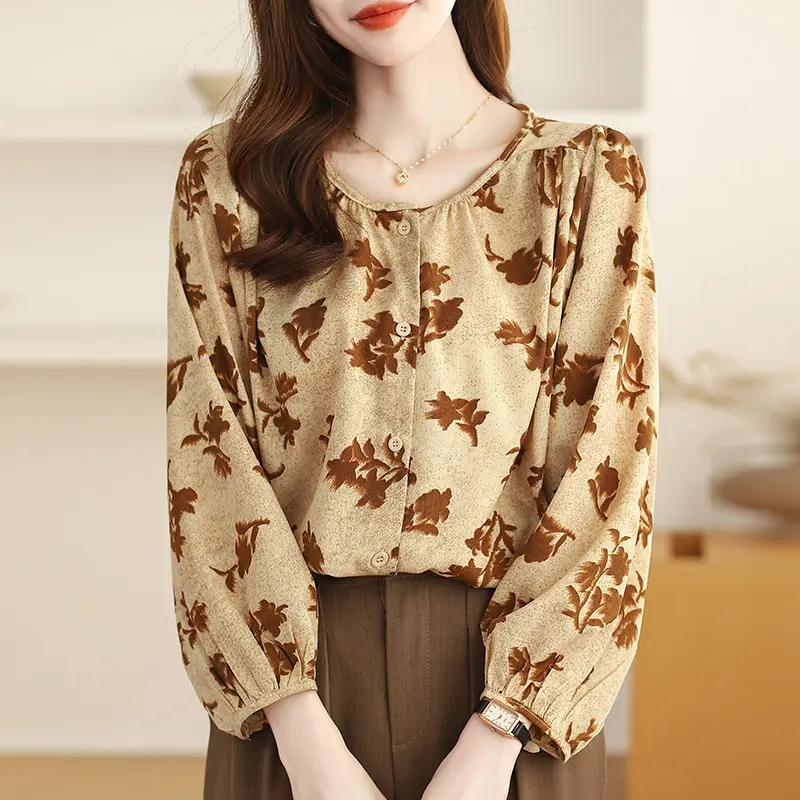 New Fashion High Quality Fabrics Loose 3/4 Sleeve Khaki Thailand Women Blouse Casual Travel Work Top Wanita Panjang Atasan 7