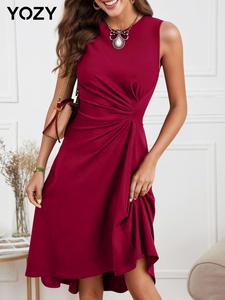 YOZY Women's Plain Ruched Tank Dress, Elegant Sleeveless Round Neck A Line Dress for Party Holiday Wedding Guest, Ladies Summer Clothes