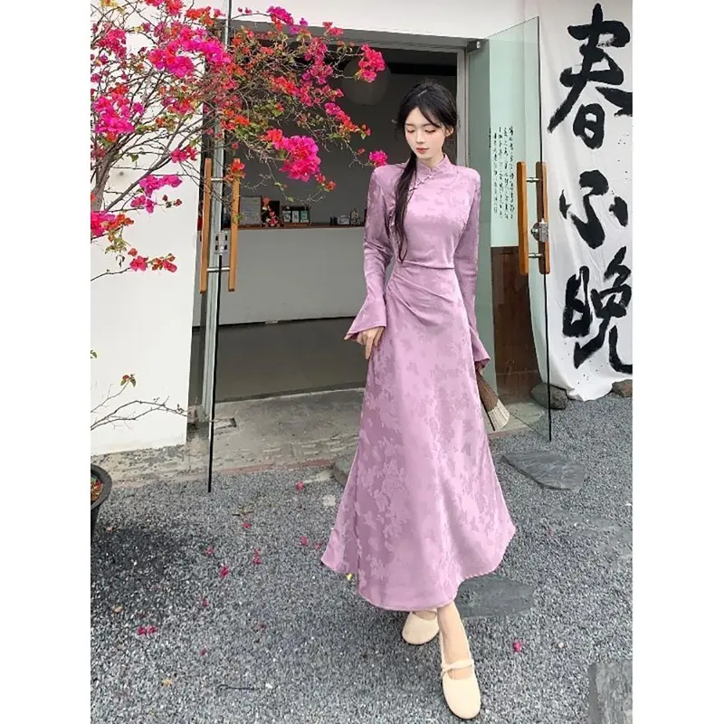 Thời trang nữ，Váy Phong Cách Trung Quốc Cổ Điển Thời Trang, Khóa Chân Đế Cổ Áo, Bộ Sưu Tập Mùa Thu 2024, Sườn Xám Cải Tiến Eo, Thanh Lịch, Váy Dài, Dành Cho Nữ 2