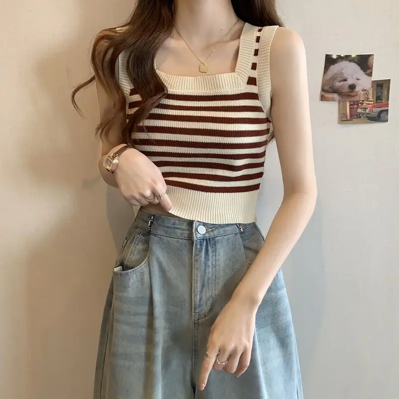 Áo Yếm Dệt Kim Sọc Cho Nữ, Áo Không Tay, Mới, Cho Mùa Hè Top