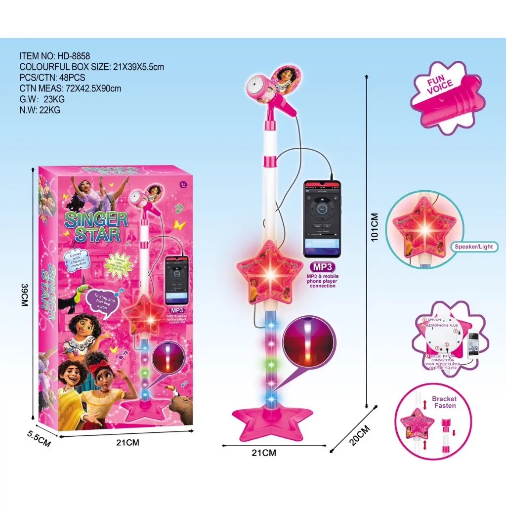 Thetoys4289【ส่งฟรี】ไมโครโฟนร้องเพลงเด็ก (HD-8858) มีขาตั้ง คาราโอเกะ มีเสียงมีไฟ ต่อกับมือถือได้