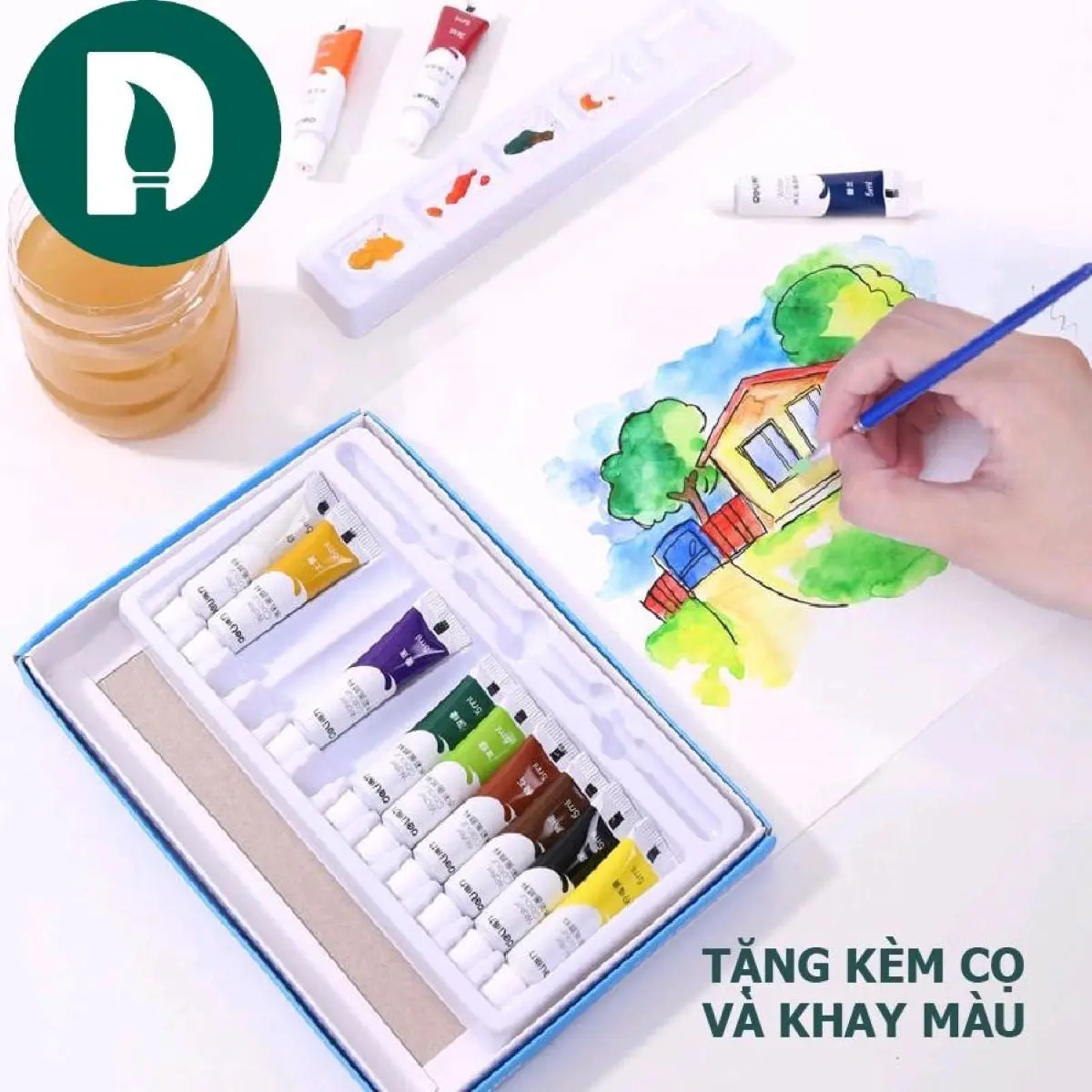 Màu nước DELI dạng tuýp 5ml, Hạng học sinh Tặng kèm Cọ vẽ và khay pha màu, hộp 12/18/ 24 màu, Chính Hãng - Họa Cụ DUTi