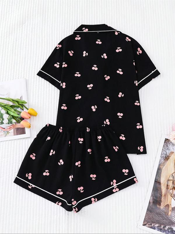 Women's All Over Print Top & Shorts Pajama Two-piece Set, Casual Comfy Short Sleeve Button Top & Shorts Pajama Set, Ladies Sleepwear for All Seasons 1