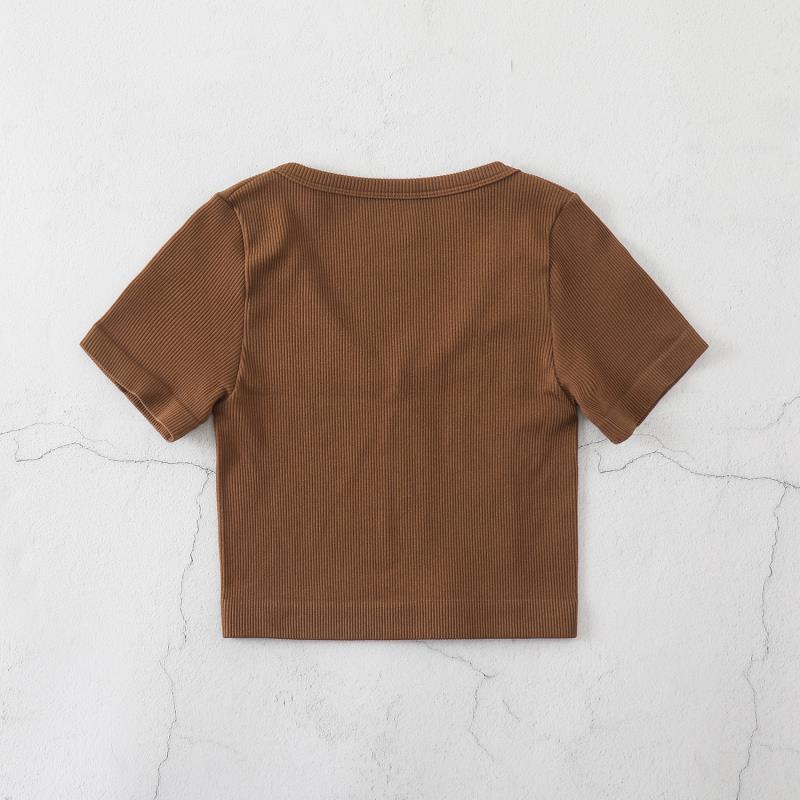 Product Introduction of European and American Yoga Wear Sexy Stretch Yoga Seamless Sports Top Short Sleeve V-Neck Slim Fit Solid Color Ribbed T-Shirt 16