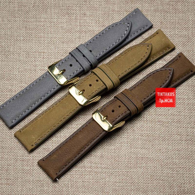 Dây đồng hồ da bò thật da lộn Nubuck khóa mạ vàng, đủ size 18mm - 19mm - 20mm - 21mm - 22mm, tặng chốt và cây tháo dây