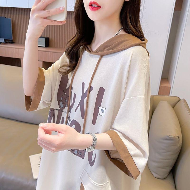 Product Introduction of Áo Thun Ngắn Tay Có Mũ Trùm Đầu, Dành Cho Nữ, Phong Cách Hàn Quốc, Dáng Rộng Vừa Vặn, Dễ Phối Đồ Đi Chơi, Màu Tương Phản, Áo Tay Lửng Ngoại Cỡ Thời Trang, Mùa Hè 2024 Hàng Mới Về Women Top Hoodie Cổ Tròn 5