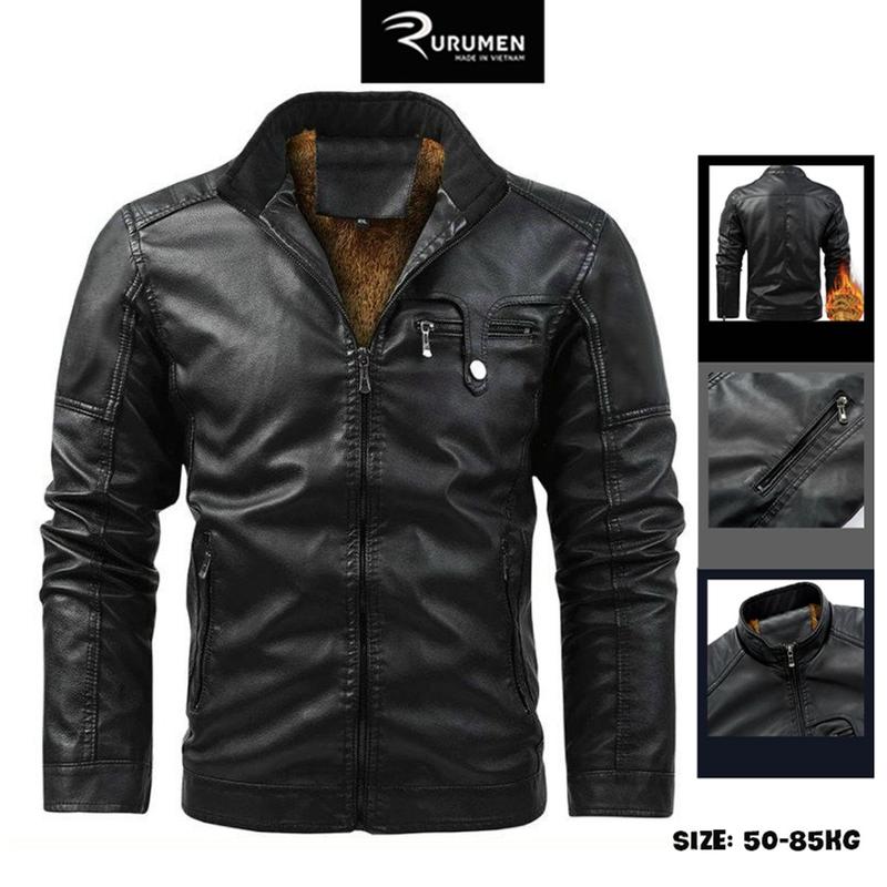 AK072 - Áo Khoác Da Nam RURUMEN Cổ Trụ 2 Lớp Trong Lót Lông Big Size