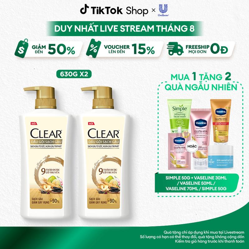 Combo 2 Dầu Gội CLEAR 9 Thảo Dược Cổ Truyền Hỗ Trợ Sạch Gàu Giảm Gãy Rụng 630G x2 [1]