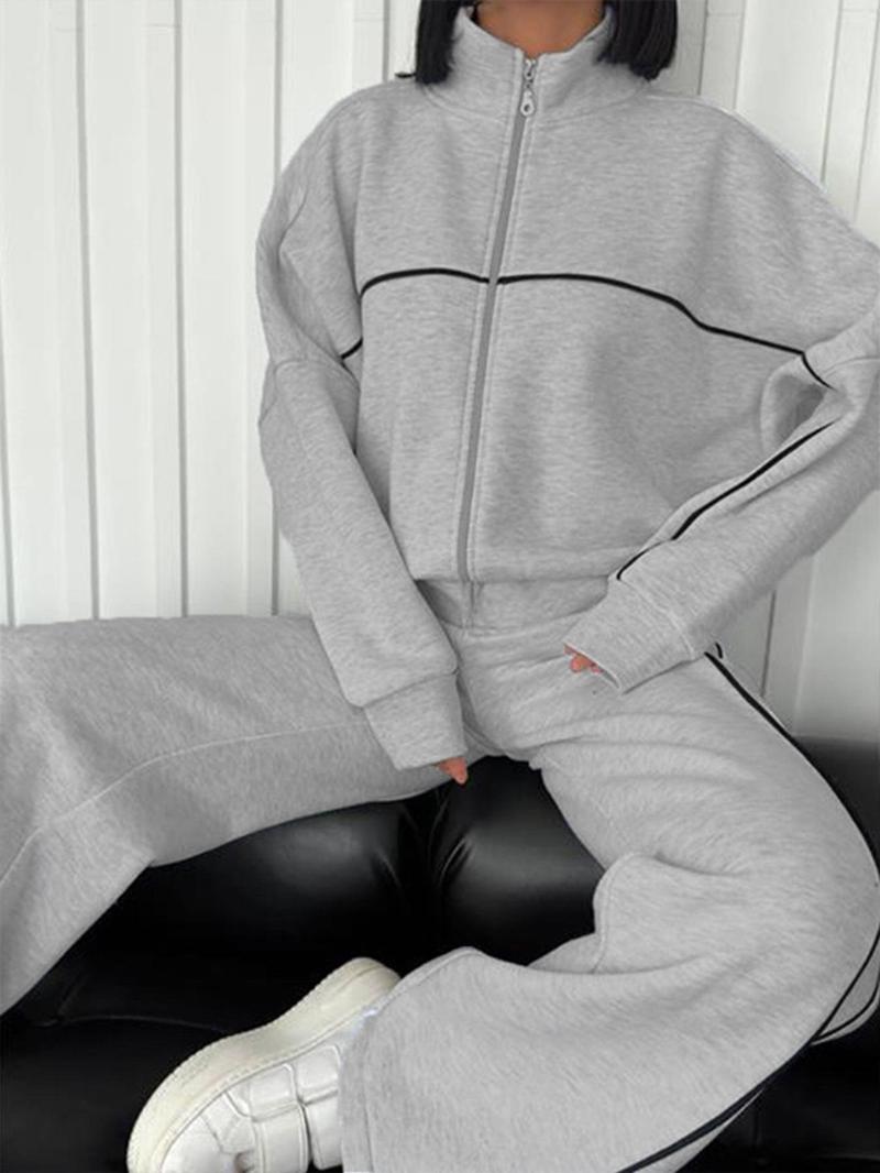 Product Introduction of Women's Striped Zip Up Jacket & Drawstring Waist Pants Two-piece Set, Casual Fashion Drop Shoulder Long Sleeve Outerwear & Trousers for Daily Wear, Women's Clothing for Fall & Winter 5