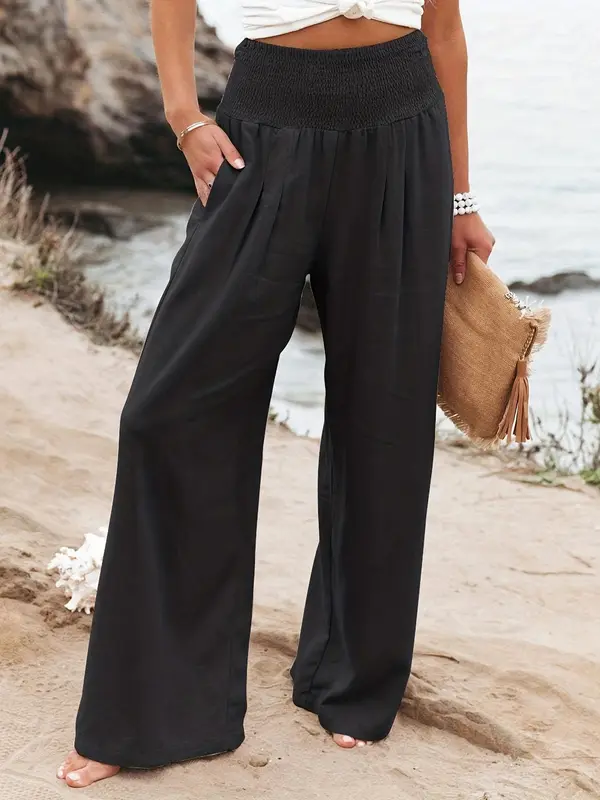Women's Plain Pocket Shirred Wide Leg Pants, Summer Outfits 2024, Casual Comfy High Waist Straight Leg Trousers for Summer, Fashion Women's Bottoms for Daily Wear 1