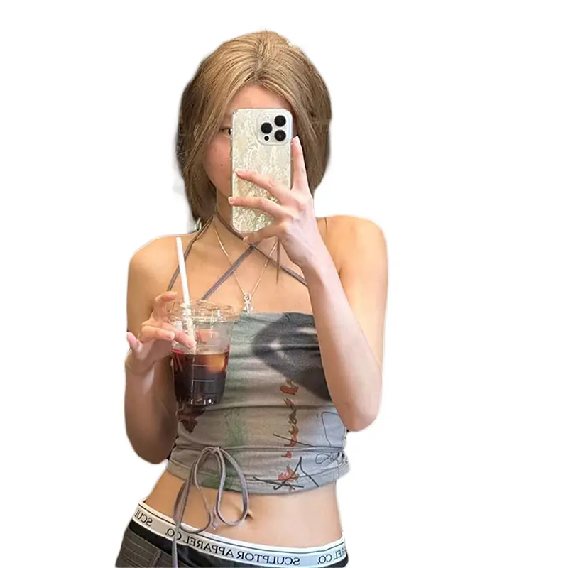 Women Crop Strappy Camisole Casual Summer Vintage Print Tie up Tank Tops Sleeveless T-Shirt for Club Streetwear