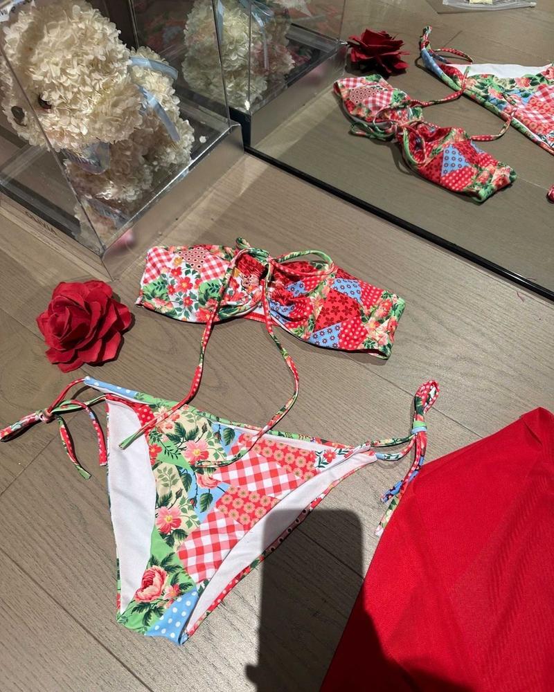 Product Introduction of Mosricci Pure Desire Style Red Brightening Ethnic Print Bikini Two-Piece Swimsuit for Women Small Chest Tube Top Cover-Up Skirt 15