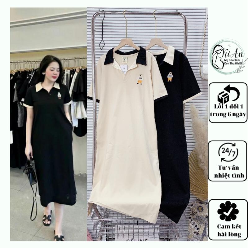 Váy bầu Ki An V1709 váy bầu cotton cổ trụ thêu gấu cao cấp đầm bầu thiết kế sang chảnh mát mềm mịnváy bà bầu Freesize 43~72kg Nữ Women