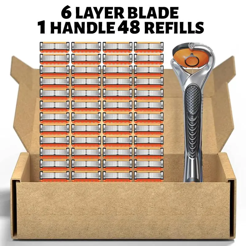 Men's Razor Blade Replacement, 48pcs Razor Blade & 1 Count Handle, Sharp Handheld Razor Blade, Men's Care Product for Daily Use, Head Shaver