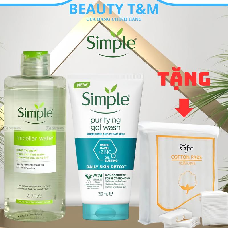  Combo Làm Sạch Da Mặt Simple Dành Cho Da Dầu Mụn Gồm Nước Tẩy Trang + Gel Rửa Mặt tặng bông tẩy trang Skincare Massage 