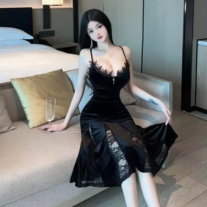 Váy Hai Dây Ren khoét Cổ Chữ V Cắt Thấp, Cạp Cao, Ôm Sát, Bó Xẻ Tà, Váy Gợi Cảm, Màu Tối, Thích Hợp Cho Các Cô Gái Nóng Bỏng 0