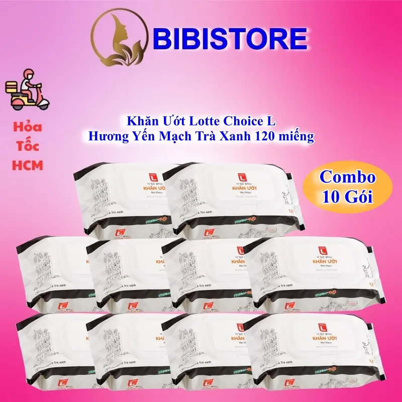 [Combo 10 Gói] Khăn Ướt LOTTE Choice L Hương Yến Mạch Trà Xanh Gói 120 Miếng (Bibistore TB) 0