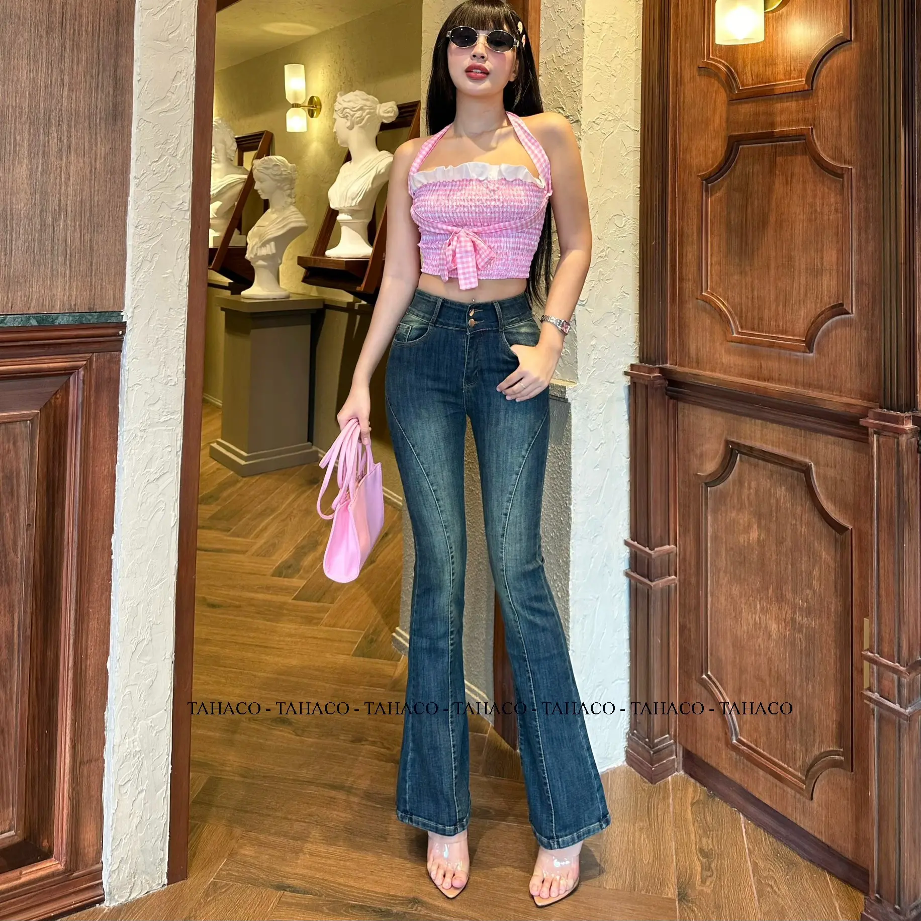Quần jean nữ ống loe trơn xanh rêu
