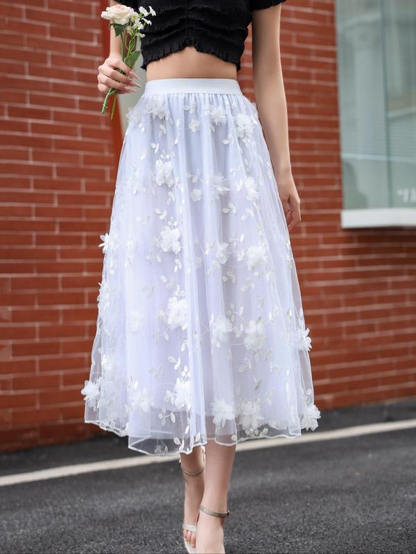 Women's Flower Appliques High Waist Tulle Skirt, Elegant A-Line Midi Skirt For Party Holiday Vacation, Ladies All Seasons Clothes, Womenswear 5