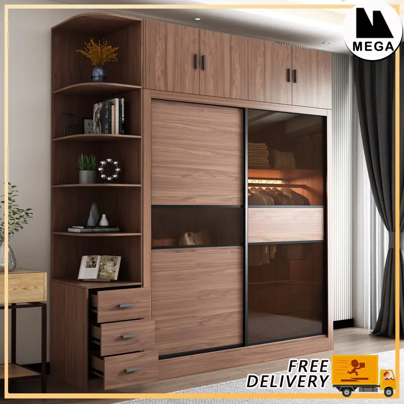 Modernity Sliding Glass And Wooden Door Wardrobe Solid Wood Wardrobe Multifunctional Combination Storage Cabinet