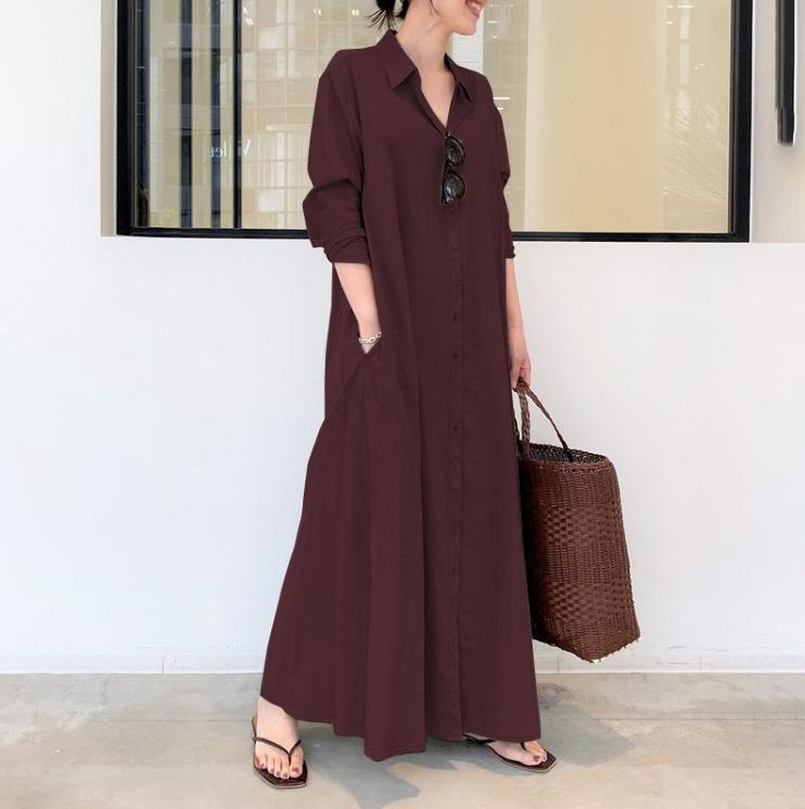 Product Introduction of Women European and American style cotton linen solid color lapel long sleeve insert bag simple loose casual long shirt dress 46