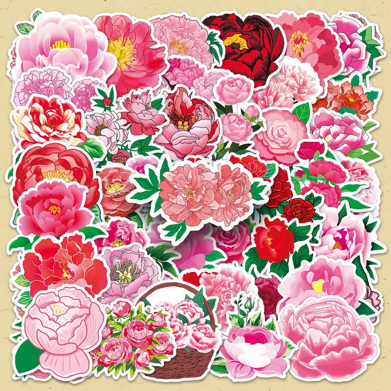 Peony Flower Pattern Sticker, 100pcs/set Colorful Floral Decals, DIY Decorative Sticker for Scrapbooking & Journal Making 0