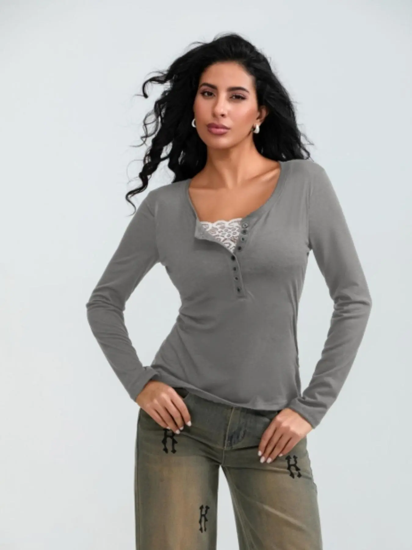 Women's 2 in 1 Contrast Lace Button Front Tee, Casual Scoop Neck Long Sleeve T-shirt for Daily Wear,  Henley Tops,  Ladies Clothes for All Seasons