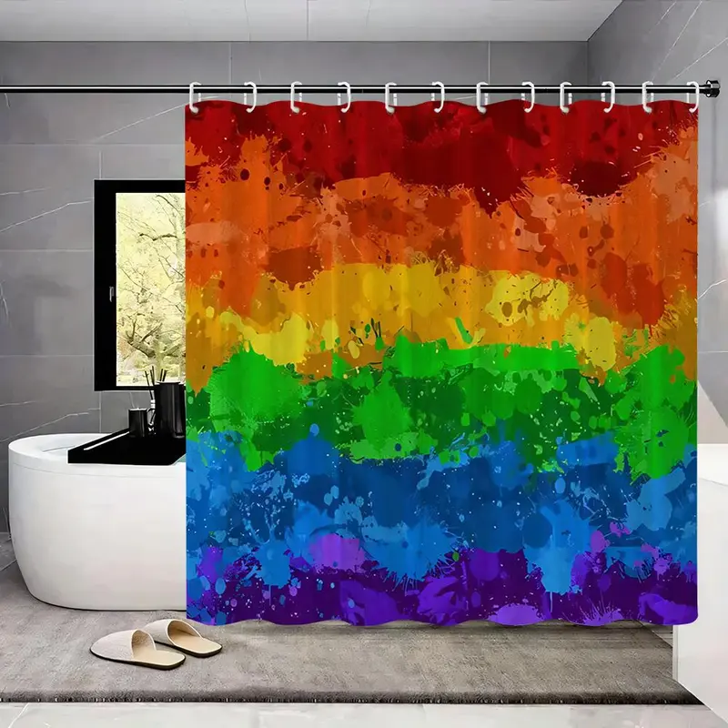 Rainbow Pattern Shower Curtain with 12 Hooks, 1 Count Colorful Bathroom Curtain and 1 Count U-shaped Mat & 1 Count Toilet Lid Cover, Bathroom Decor Supplies 6