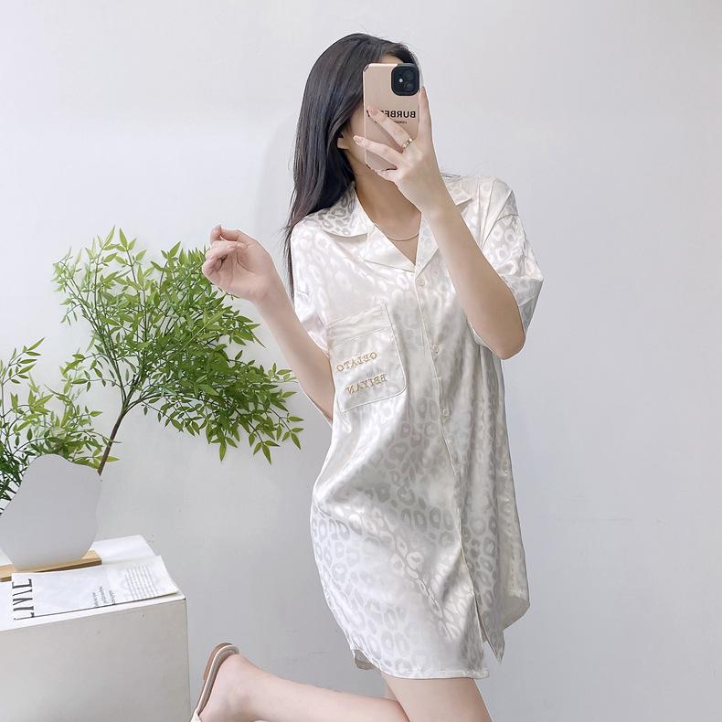 Product Introduction of 2025 New Ice Silk Nightdress for Women Summer Short Sleeve Cardigan Mid-Length Pajamas Thin Sexy Loose Loungewear 19