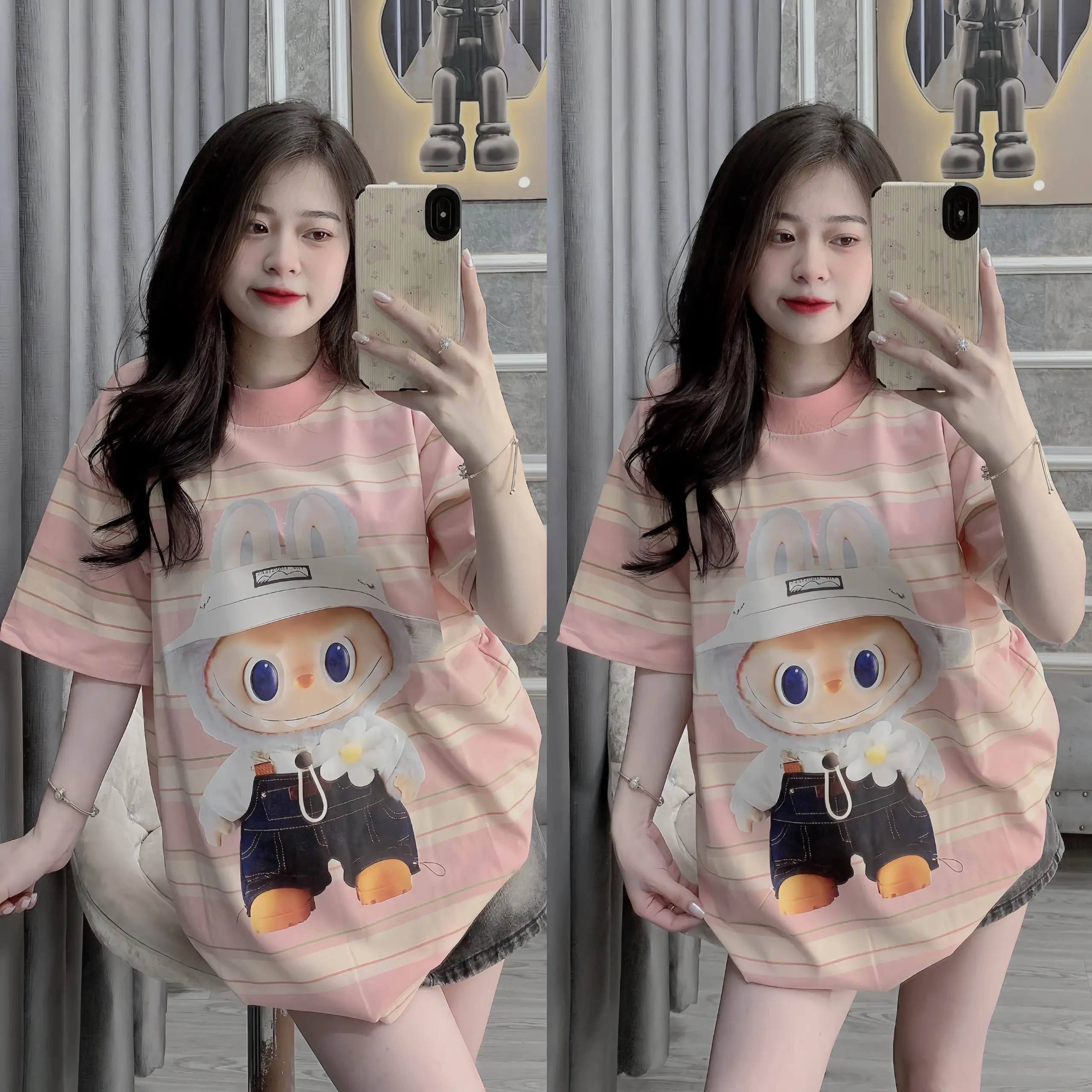 Áo Phông cotton mịn - kẻ hồng nhiều hình ( Hàng có size S và L)