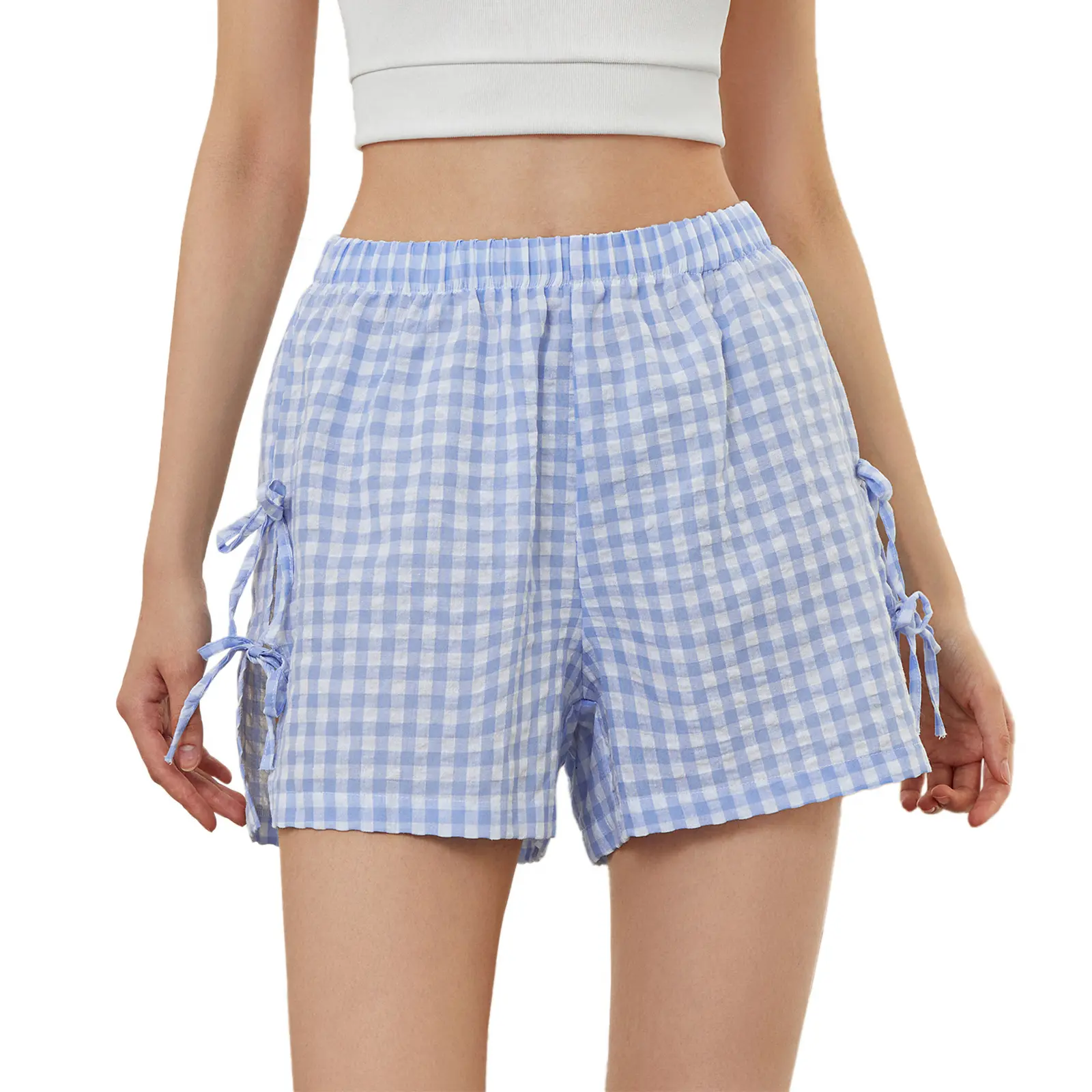 Women's Summer Sleep Shorts Stripe Print Elastic Waist Side Cutout Tie Bow Short Pants