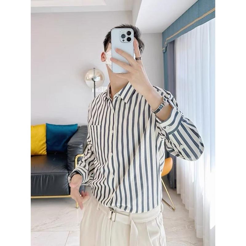 Áo Sơ Mi Dài Tay Kẻ Sọc, Thương Hiệu Thời Trang Nam, Phong Cách Mùa Xuân Và Mùa Thu, Thiết Kế Ngầu Và Hoang Dã, Siêu Phổ Biến, Thích Hợp Cho Giới Trẻ Và Trưởng Thành, Thời Trang, 2024 Menswear Cổ Tròn 2