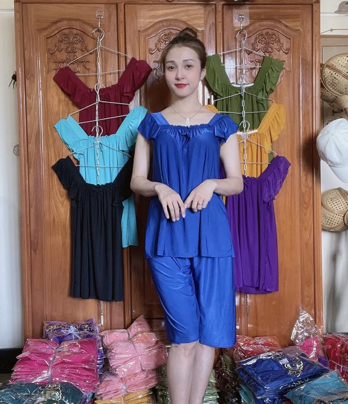 Đồ bộ ngủ thun lạnh quần lửng tay xòe FREESIZE - từ 50-75kg Nữ Nhung Áo Women ếch trắng bèo <55kg thường Top