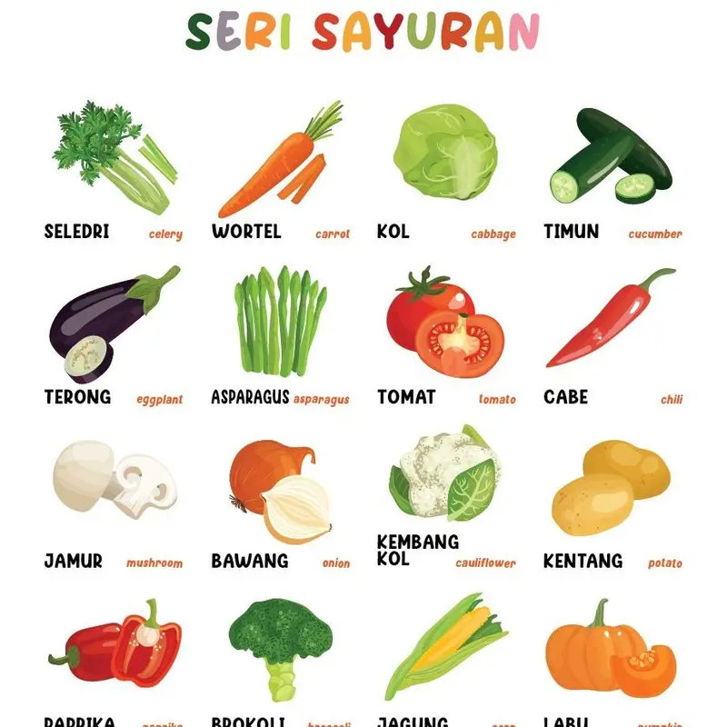 Poster Edukasi Belajar Mengenal Macam Macam Buah dengan 2 Bahasa, Indonesia dan Inggris Untuk Belajar Anak Balita, TK dan SD 1
