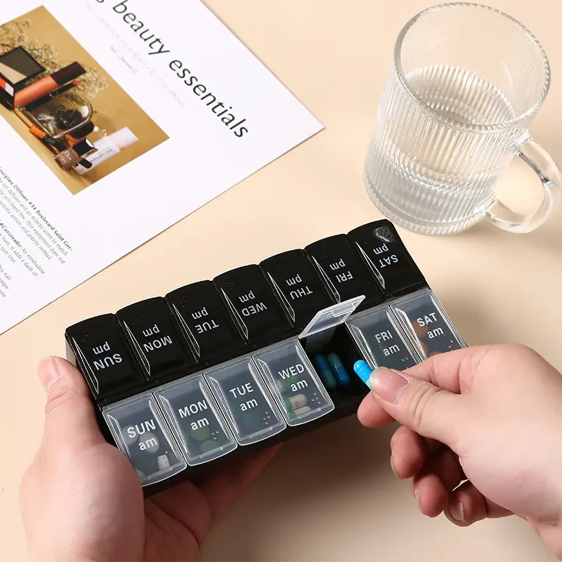 [New Design] 14 - grid Weekly Pill Organizer for Long - term Medication Users, with Morning and Evening Separation and Braille Healthcare Aid monthly